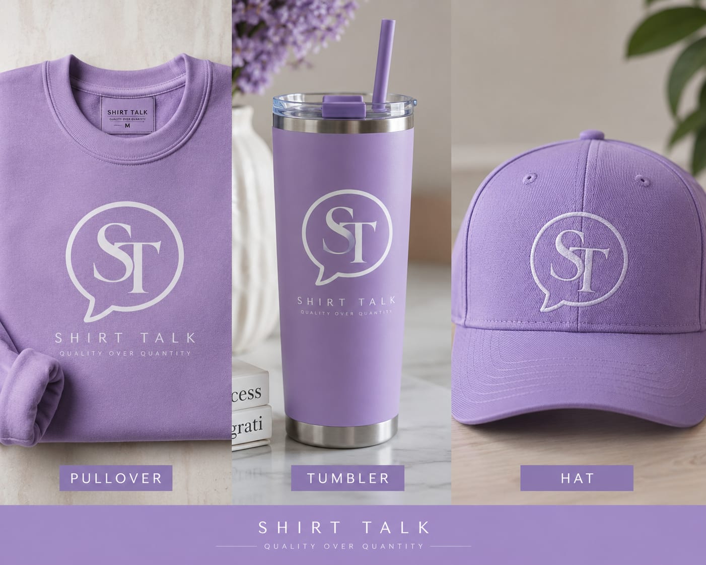 Shirt Talk — Pullover, Tumbler, and Hat collection showcase